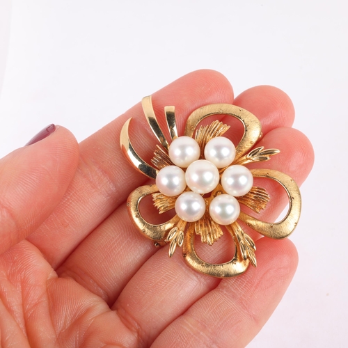 1138 - MIKIMOTO - a Vintage 14ct gold whole cultured pearl flowerhead brooch, signed with maker's mark, 47.... 