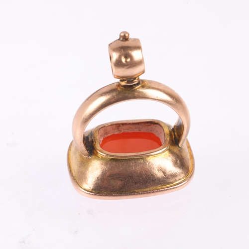 1144 - An Antique 9ct rose gold carnelian seal fob, the carnelian panel intaglio carved with initials WBH, ... 