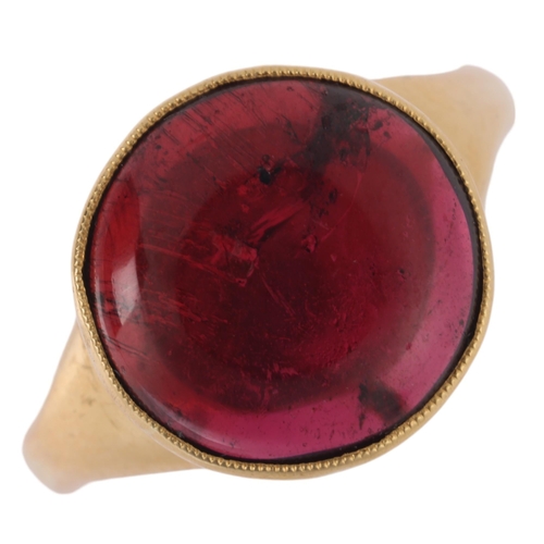 1145 - An 18ct gold single stone pink tourmaline ring, rub-over set with round cabochon tourmaline, setting... 