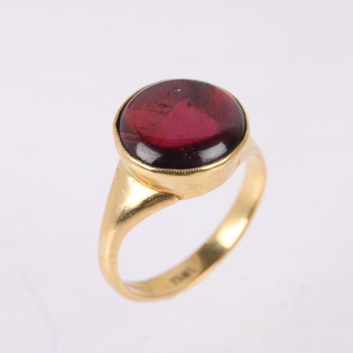 1145 - An 18ct gold single stone pink tourmaline ring, rub-over set with round cabochon tourmaline, setting... 