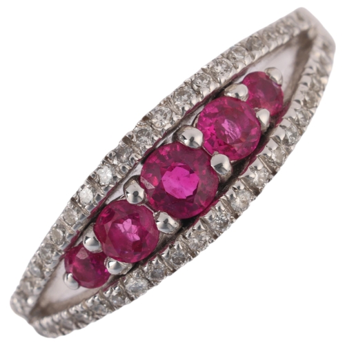 1149 - An 18ct white gold ruby and diamond ring, centrally claw set with 5 graduated round-cut rubies, flan... 