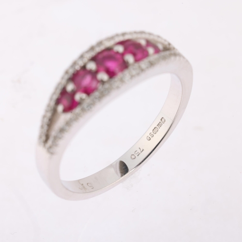 1149 - An 18ct white gold ruby and diamond ring, centrally claw set with 5 graduated round-cut rubies, flan... 