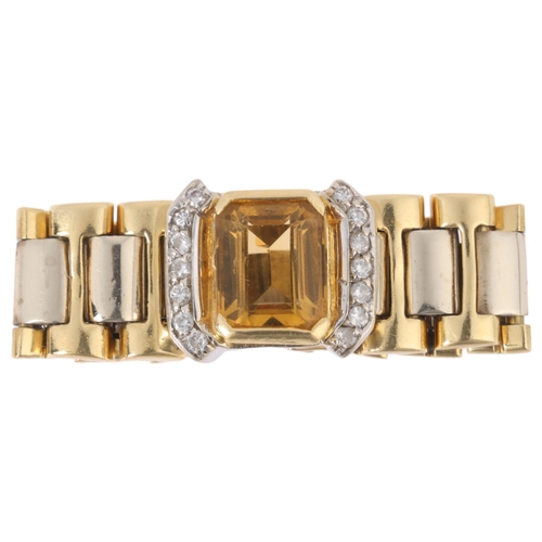 1151 - An Italian 18ct two-colour gold citrine and diamond flexible ring, set with octagonal step-cut citri... 