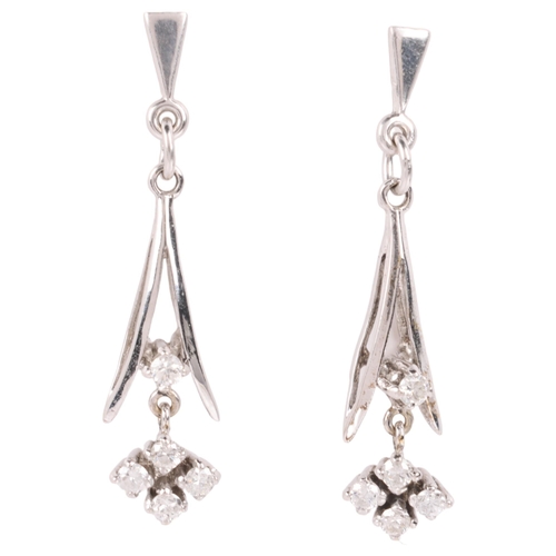 1153 - A pair of 18ct white gold diamond drop earrings, set with modern round brilliant-cut diamonds, with ... 