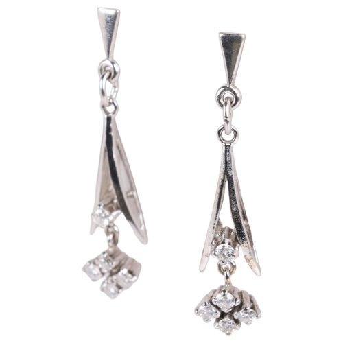 1153 - A pair of 18ct white gold diamond drop earrings, set with modern round brilliant-cut diamonds, with ... 