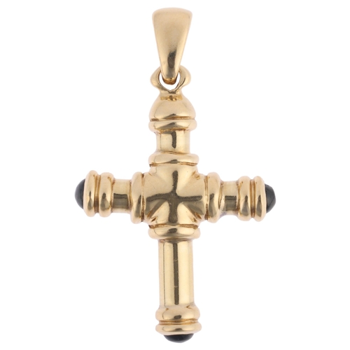 1156 - A modern 9ct gold sapphire cross pendant, each terminal set with round cabochon sapphire, 36.7mm, 4.... 