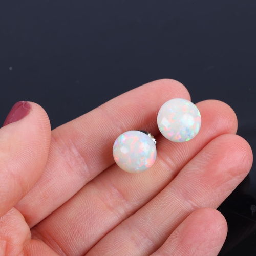 1158 - A pair of Edwardian 9ct white gold opal earrings, each set with round cabochon white opal, with scre... 