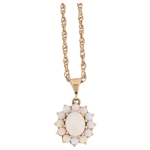 1159 - A 9ct gold opal flowerhead cluster pendant necklace, claw set with oval and round cabochon opals, on... 