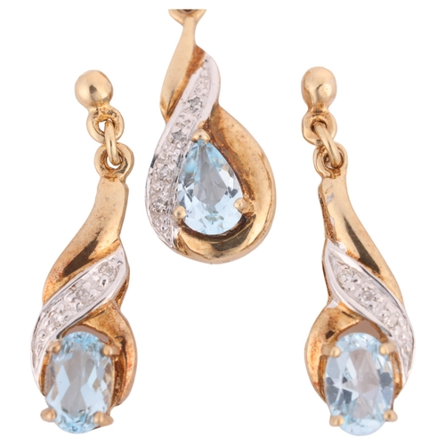 1160 - A 9ct gold aquamarine and diamond pendant and earring set, pendant 22.3mm, stud earrings 22.9mm, 2.6... 