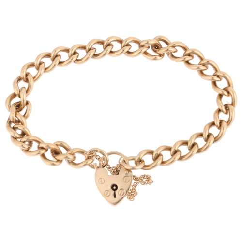 1165 - A 9ct gold solid curb link chain bracelet, maker BF&Co, Sheffield 1994 with 9ct heart padlock clasp,... 