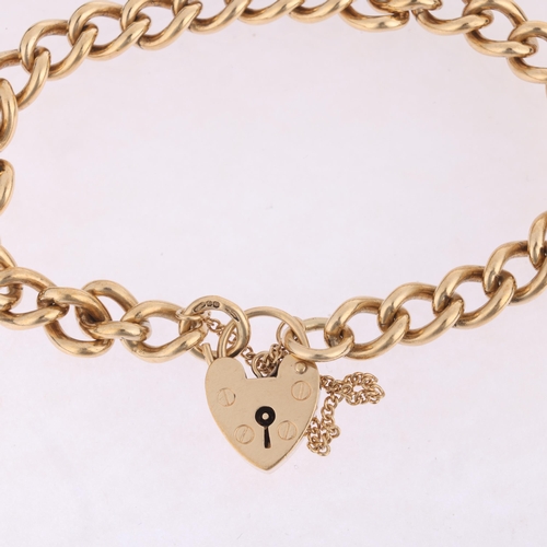 1165 - A 9ct gold solid curb link chain bracelet, maker BF&Co, Sheffield 1994 with 9ct heart padlock clasp,... 