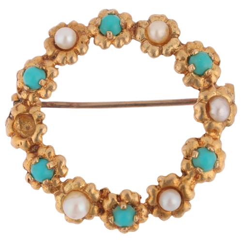 1170 - A 9ct gold turquoise and pearl flowerhead wreath brooch, London 1979, 25.5mm, 3.1g