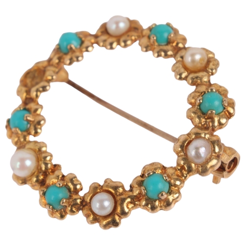 1170 - A 9ct gold turquoise and pearl flowerhead wreath brooch, London 1979, 25.5mm, 3.1g