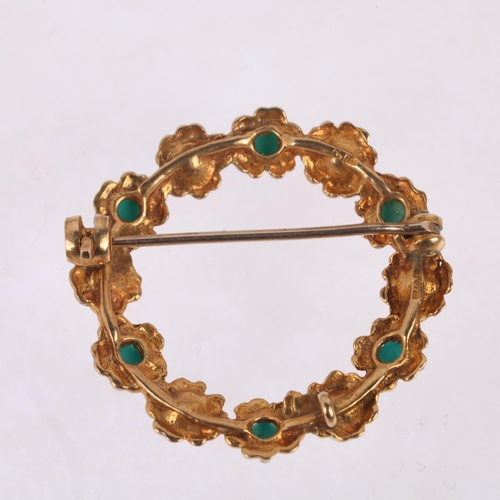 1170 - A 9ct gold turquoise and pearl flowerhead wreath brooch, London 1979, 25.5mm, 3.1g