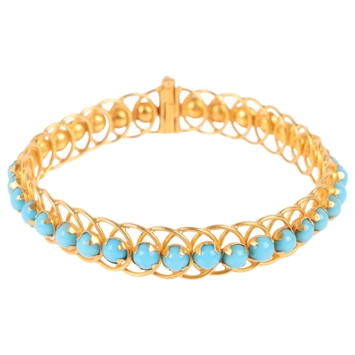 1171 - A Middle Eastern 22ct Gold (tested) blue glass bangle, apparently unmarked, band width 11.2mm, inter... 