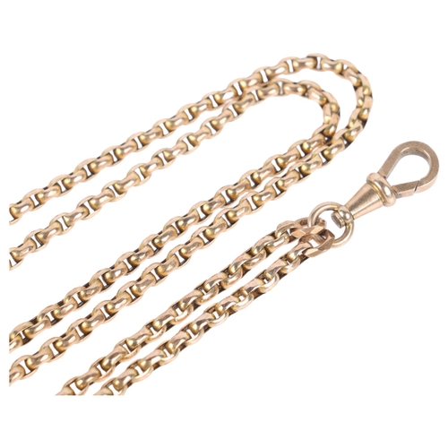 1172 - An Antique 9ct gold long guard muff chain, maker E&B, with 9ct dog clip, 146cm, 33.1g