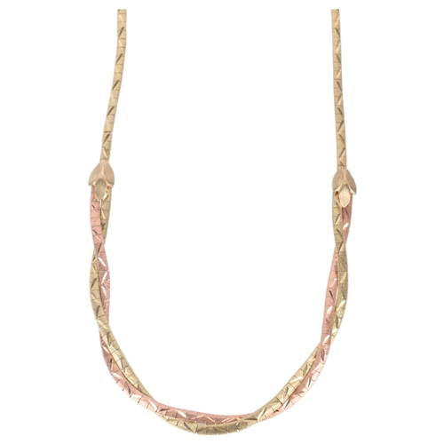 1173 - A 9ct two-colour gold woven chain necklace, maker FRS Ltd, import London 1980, textured decoration, ... 