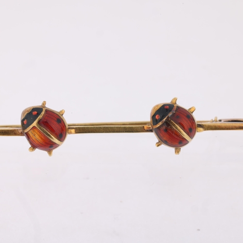 1174 - A novelty enamel ladybug bar brooch, apparently unmarked, 43.4mm, 1.6g