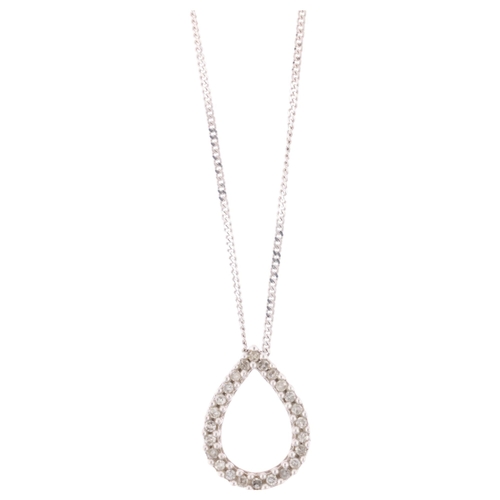 1187 - A 14ct white gold diamond pear halo cluster pendant necklace, on 9ct white gold fine curb link chain... 