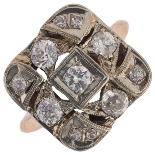 1191 - A 14ct gold diamond chequerboard panel ring, claw set with round-cut diamonds, total diamond content... 