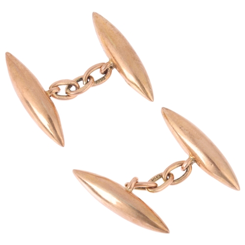 1194 - A pair of 9ct rose gold torpedo cufflinks, by Saunders & Shepherd, London 1919, 24mm, 6g