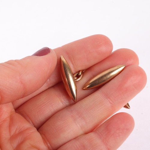 1194 - A pair of 9ct rose gold torpedo cufflinks, by Saunders & Shepherd, London 1919, 24mm, 6g