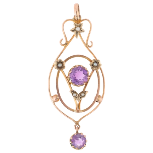 1198 - An Edwardian Art Nouveau 9ct rose gold amethyst and split pearl openwork pendant, circa 1905, 51.5mm... 