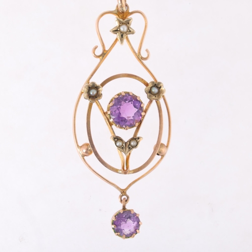 1198 - An Edwardian Art Nouveau 9ct rose gold amethyst and split pearl openwork pendant, circa 1905, 51.5mm... 