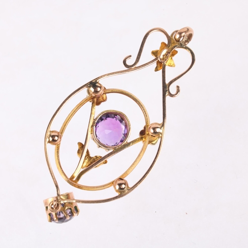 1198 - An Edwardian Art Nouveau 9ct rose gold amethyst and split pearl openwork pendant, circa 1905, 51.5mm... 