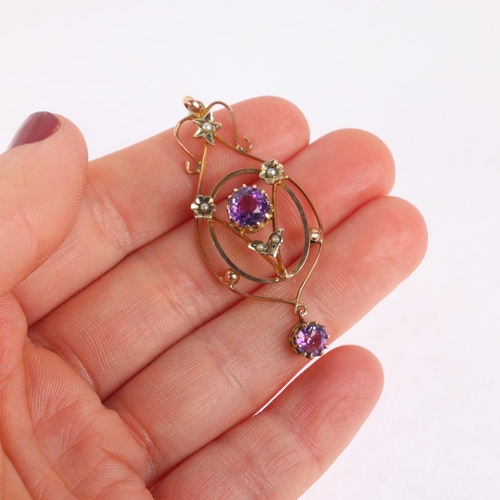 1198 - An Edwardian Art Nouveau 9ct rose gold amethyst and split pearl openwork pendant, circa 1905, 51.5mm... 