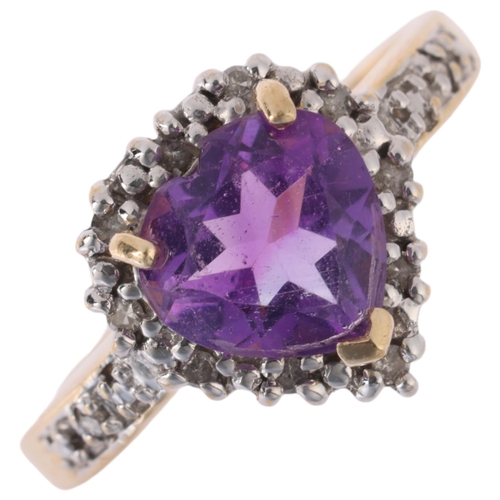 1199 - A 9ct gold amethyst and diamond heart cluster ring, setting height 11.7mm, size N, 2.9g