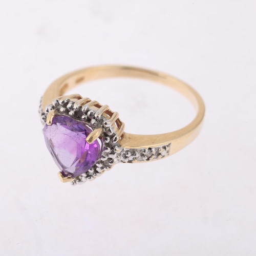 1199 - A 9ct gold amethyst and diamond heart cluster ring, setting height 11.7mm, size N, 2.9g