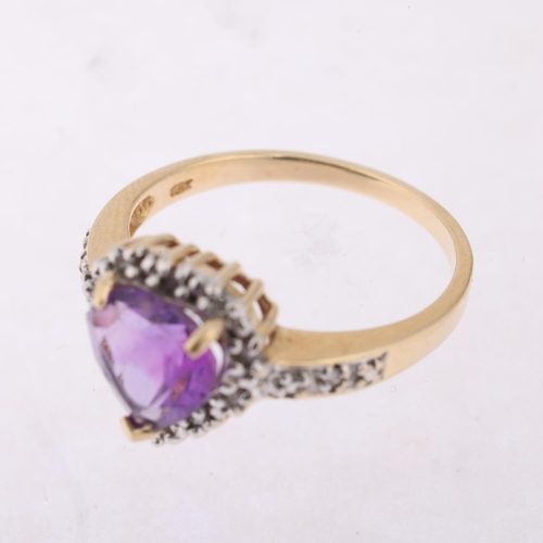 1199 - A 9ct gold amethyst and diamond heart cluster ring, setting height 11.7mm, size N, 2.9g