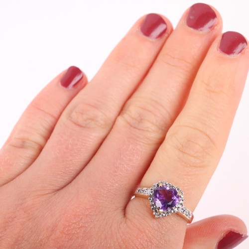 1199 - A 9ct gold amethyst and diamond heart cluster ring, setting height 11.7mm, size N, 2.9g