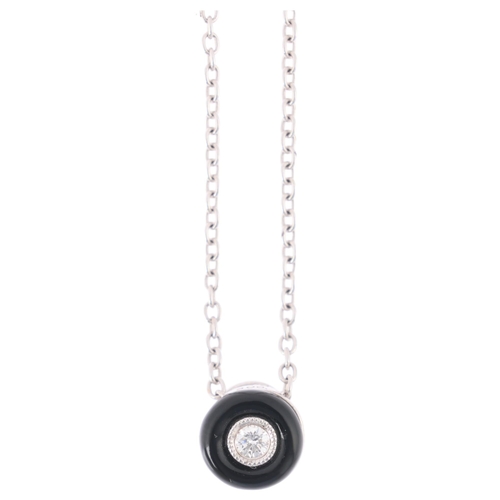 1200 - An 18ct white gold onyx and diamond target pendant necklace, set with 0.05ct modern round brilliant-... 