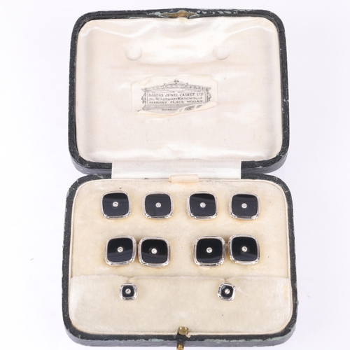 1202 - An Art Deco 18ct gold and platinum onyx and diamond dress set, comprising pair of cufflinks, 4 butto... 