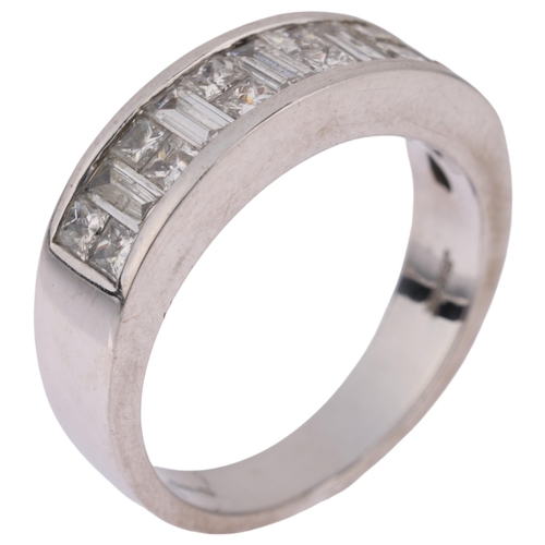 1204 - An 18ct white gold diamond half eternity ring, maker JSN, channel set with Princess and baguette-cut... 