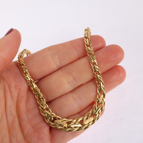 1206 - A Continental unmarked gold collar necklace, polished and textured links, apparently unmarked, 40cm,... 