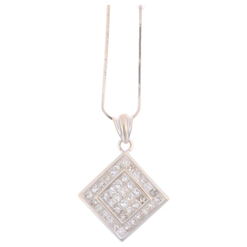 1162 - An 18ct white gold diamond square cluster pendant necklace, set with Princess-cut diamonds, total di... 