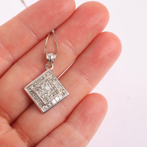 1162 - An 18ct white gold diamond square cluster pendant necklace, set with Princess-cut diamonds, total di... 