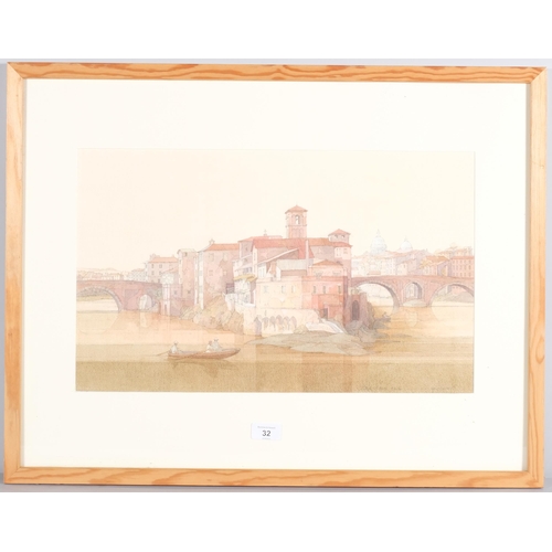 32 - John Hambleton Holdcroft (1926 - 2014) NDD FSIAD FCSD, Tiber Island Rome, watercolour, 31cm x 50cm, ... 