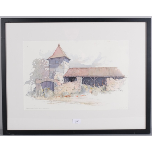 37 - John Hambleton Holdcroft (1926 - 2014) NDD FSIAD FCSD, barn at Rossingnol Dordogne, watercolour, 31c... 