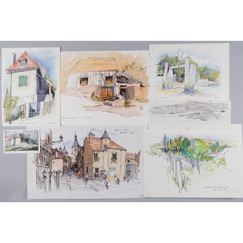 59 - John Hambleton Holdcroft (1926 - 2014) NDD FSIAD FCSD, folder of watercolour/ink drawings, French sc... 