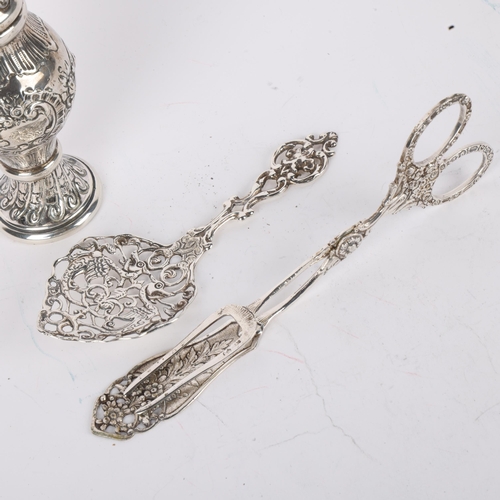 1689 - Various Continental silver, including baluster pepperette, German cake tongs, and serving slice, 15c... 