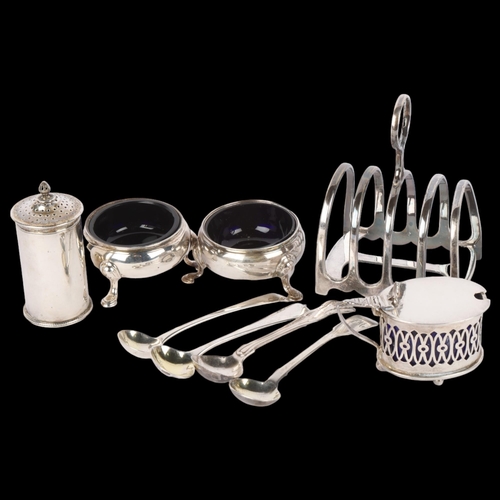 1691 - Various silver, including salt cellars, mustard pot, pepperette and spoons, 8.6oz weighable