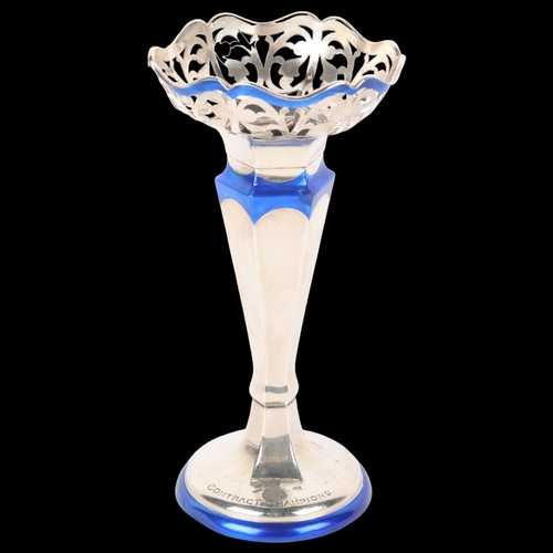 1693 - An Art Deco George V silver and blue enamel bud vase, Henry Clifford Davis, Birmingham 1919, 16.5cm,... 