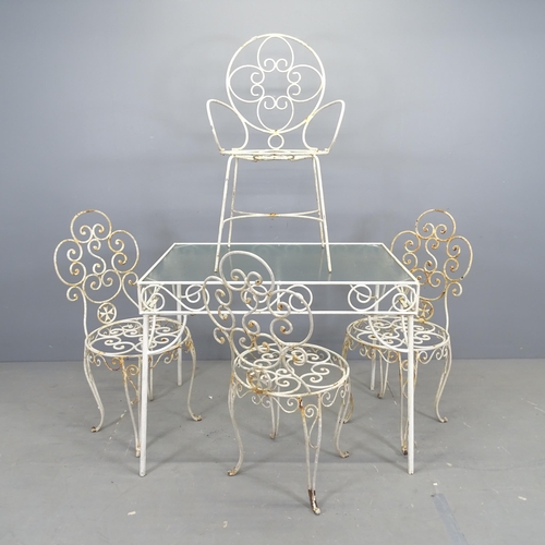 3005 - A painted wirework garden table with inset frosted glass top,  94x73x63cm, and four matching chairs ... 