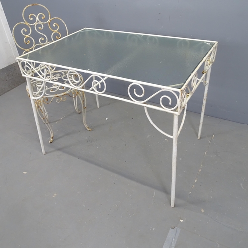 3005 - A painted wirework garden table with inset frosted glass top,  94x73x63cm, and four matching chairs ... 