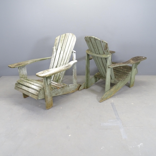 3009 - A pair of weathered teak Adirondack garden chairs. Overall 78x90x90cm, seat 48x36x40cm.