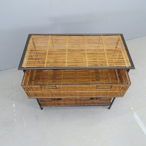 3012 - A mid-century style bamboo chest of three drawers with black tubular steel frame. 80x73x39cm.